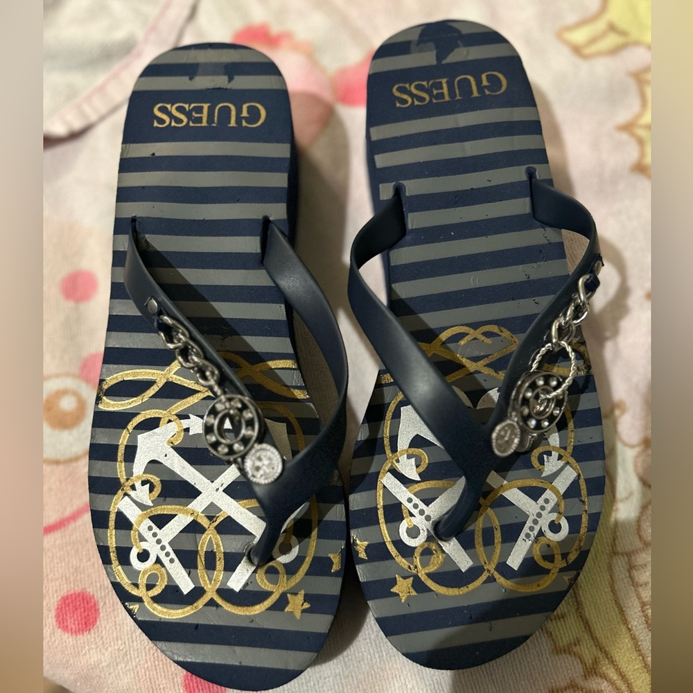 GUESS Women's Nautical Sandals Size 9, Blue/Silver/Gold